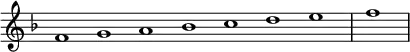 \relative c' {
\new Staff \with { \remove "Time_signature_engraver" }
{ \key f \major \time 1/1 \cadenzaOn f1 g a bes c d e \bar "|" f \bar"|"}
}