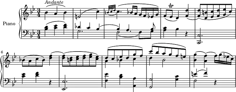 \version "2.18.2"
\header {
tagline = ##f
}
upper = \relative c' {
\clef treble
\key bes \major
\time 3/4
\tempo "Andante"
\tempo 4 = 54
%\autoBeamOff
bes'4 ^\markup{ \italic {Andante } } (a bes)
e,2 (c'4) \grace {b32 (c d} c4.) (bes!16 a g f ees! g)
f8 (ees \trill d4) <f d'>4 (<f d'>8) (<d b'> <ees c'> <f d'> <g ees'> c)
bes! (a c bes) <d f>4 (<d f>8) (<b d> <c ees> <d f> <ees g> <c ees>)
<< { \stemDown a4 bes! c d bes2} \\ {\stemUp d8 ^ ( c ees d g f) c' ^(bes a g f e) } >>
<bes g'>4 (<a f'>) (f'16) g (ees! c)
}
lower = \relative c {
\clef bass
\key bes \major
\time 3/4
<bes' d>4 (<c ees> <d f>)
<< { \stemDown g,2. f2 _(f8) g} \\ {\stemUp des'4 c bes ^(bes) a4. bes8 } >> <a c>4 bes r
<c,, c'>2. <c'' ees>4 <d f> r
<ees,, ees'>2. <f' ees'>4 <bes d> <a, a'>
<g g'>2 <g' c>4 << { \stemDown f2 } \\ {\stemUp e'4 ^(f) } >> r4
}
\score {
\new PianoStaff <<
\set PianoStaff.instrumentName = #"Piano"
\new Staff = "upper" \upper
\new Staff = "lower" \lower
>>
\layout {
\context {
\Score
\remove "Metronome_mark_engraver"
}
}
\midi { }
}