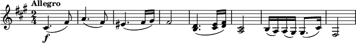 \relative c' {
\key fis \minor
\time 2/4
\tempo "Allegro"
cis4.(\f fis8) | a4.( fis8) | eis4.( fis16 gis) | fis2 | <b, d>4.( <cis e>16 <d fis>) | <a cis>2 | b16( a) a( gis) gis8.( cis16) | fis,2 |
}