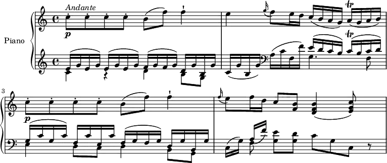 
\version "2.18.2"
\header {
  tagline = ##f
}
upper = \relative c' {
  \clef treble 
  \key c \major
  \time 4/4
  \tempo "Andante"
  \tempo 4 = 50
  %\autoBeamOff

  c'8-. \p ^\markup { \italic {Andante } } c-. c-. c-. b (f') f4-!
  e \grace g16 (f8) e16 d c (b a g) a\trill (g a b)
   c8-. \p  c-. c-. c-. b (f') f4-!
  \grace f16 (e8) f16 d c8 <f, b> <d f b>4 (<e g c>8)

}

lower = \relative c {
   \clef bass
   \key c \major
   \time 4/4
   \clef treble
   \set Staff.midiMinimumVolume = #0.2 \set Staff.midiMaximumVolume = #0.5
  << { \stemDown c'4 a \rest d b8 g} \\ {\stemUp  e'16 ^(g e g) e ^(g e g) f ^(g f g) d g b, g'} >>
  c, (g' b, g')  \clef bass a, (c f, f')
  << { \stemDown  g,4. f8 e4 d8 c d4 b8 g} \\ {\stemUp  e''16  ^(d c b) c^ \trill ^ (b c d) g, ^(c g c) f, c' e, c' f, ^(g f g) d g b, g'} >>
  c,16 (g') << { \stemDown f8 } \\ {\stemUp a16 (f')} >> <g, e'>8 <g d'> c g c, r
} 

\score {
  \new PianoStaff <<
    \set PianoStaff.instrumentName = #"Piano"
    \new Staff = "upper" \upper
    \new Staff = "lower" \lower
  >>
  \layout {
    \context {
      \Score
      \remove "Metronome_mark_engraver"
    }
  }
  \midi { }
}
