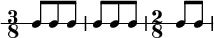 
 {  \new RhythmicStaff  \time3/8  c8[ c c] | c[ c c] | \time2/8 c[ c] | }

