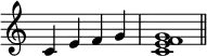 {\omit Staff.TimeSignature \time 4/4 c'4e'f'g' \time 4/4 <c'e'f'g'>1 \bar "||"}
