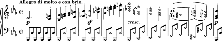 
 \relative c' {
  \new PianoStaff <<
   \new Staff { \key c \minor \time 2/2 \tempo "Allegro di molto e con brio."
    \override Score.NonMusicalPaperColumn #'line-break-permission = ##f
    <<
     {
      c2. <e bes>4-. <f aes,>-. <g e>-. <aes f>-. <b d,>-.
      <c es,!>-. <c e,>2 \stemDown <e bes!>4-. <f aes,>-. <g e>-. <aes f>-. <b d,>-.
      <c g es! c>2-. <g f b, g>-. <es c g>-. <d aes f>-.
      \stemUp <c~ es,>1( _\( <c a es>2 \) _\( <b f! d>\) )
      <c es, c>4-.
     }
     \\
     { s1 s s s s s g2 fis }
    >>
   }
   \new Dynamics {
    s1\p s s4 s2.\sf s1 s2\cresc s\! s1 s s s4\p
   }
   \new Staff { \key c \minor \time 2/2 \clef bass
    \stemUp
    c,,8 c' c, c' c, c' c, c'
    \repeat tremolo 2 { c,8 c' } \repeat tremolo 2 { c, c' }
    \repeat tremolo 2 { c, c' } \repeat tremolo 2 { c, c' }
    \repeat tremolo 2 { c, c' } \repeat tremolo 2 { c, c' }
    \repeat tremolo 2 { c, c' } \repeat tremolo 2 { d, d' }
    \repeat tremolo 2 { es, es' } \repeat tremolo 2 { f, f' }
    \repeat tremolo 2 { g, g' } \repeat tremolo 2 { aes, aes' }
    \repeat tremolo 2 { fis, fis' } \repeat tremolo 2 { g, g' }
    c,,[ c']
   }
  >>
 }
