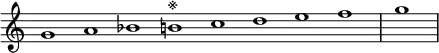 \relative c'' {
\new Staff \with { \remove "Time_signature_engraver" }
{ \key c \major \time 1/1 \cadenzaOn g1 a bes b^\markup{※} c d e f \bar "|" g \bar"|"}
}