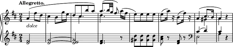 
 \relative c' {
 \new PianoStaff <<
 \new Staff { \key d \major \time 2/4 \set Score.tempoHideNote = ##t \tempo "Allegretto." 4=100
 \override Score.NonMusicalPaperColumn #'line-break-permission = ##f
 <<
 {
 \mergeDifferentlyDottedOn
 a'4( \stemDown fis'8 d cis4 b8 g'16 e \stemUp d8[ cis b' a] )
 a8.( b32 g fis8) \stemDown a16( [ fis] e8) [ e e e]
 e( a16) b,\rest b8( fis'16) b,\rest \stemUp a4( cis8. b16 a4) b\rest
 }
 \\
 { s2 s s8 cis4. d s8 s2 s s4 gis, a }
 >>
 }
 \new Dynamics {
 s4-\markup \italic dolce
 }
 \new Staff { \key d \major \time 2/4
 <<
 {
 <fis d>2 <g~ d~> <g e d> <fis d>4. b8\rest
 \stemDown <d gis,>[ q q q] <cis a> b\rest \stemUp <fis d> b\rest
 \clef bass cis,4( d) cis d,\rest
 }
 \\
 { s2 s s s s s e2 a4 s }
 >>
 }
 >>
 }
