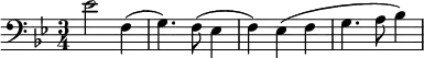  \relative f' { \clef bass \key g \minor \time 3/4 es2 f,4( | g4.) f8( es4 | f) es( f | g4. a8 bes4) }