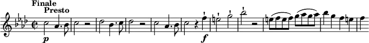 \version "2.18.2"
\relative c'' {
\key f \minor
\time 2/2
\tempo "Finale"
\tempo 4 = 360
c2^\markup\bold {Presto} \p aes4. bes8
c2 r
des bes4. c8
des2 r
c2 aes4. bes8
c2 r4 f-!\f
e2-! g-!
bes-! r
e,8 (f e f) g (aes g aes)
bes4 g f e
f
}