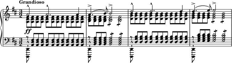 \new GrandStaff <<
\new Staff {\relative d'' {\key d
\major \time 3/2 \tempo "Grandioso"
<<
\relative d'' {a2-^ a2.-^ a4 a4.->( b8) b2-> s2 d2-^ d2.-^ d4 d4.->( e8) e2-> s2}
\\
\relative d' {<a d fis>8\ff q q q q q q q q q q q
<b d fis> q q q q2:8 q2:8
<d g b>8 q q q q q q q q q q q
<e g b> q q q q2:8 q2:8}
>>}}
\new Staff {\relative d,, {\clef bass \key d \major \time 3/2
<<
\relative d {r8 <a d fis>8 q q q q q q q q q q
r8 <b d fis a>8 q q q2:8 q2:8
r8 <d g b>8 q q q q q q q q q q
r8 <e g b d>8 q q q2:8 q2:8}
\\
\relative d,, {<d d'>8^! ^^ s4. s1 q8^! ^^ s4. s1 q8^! ^^ s4. s1 q8^! ^^ s4. s1}
>>
}} >>