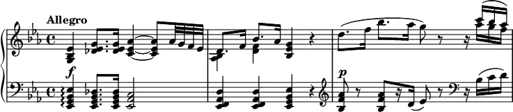 
 \relative c' {
  \new PianoStaff <<
   \new Staff { \key es \major \time 4/4 \tempo "Allegro"
    {
    <es bes g>4 <g es des>8. <g es des>16 <aes es c>4 ~ <aes es c>8 aes32 g f es 
    <<
    {d8. f16 bes8. aes16} 
    \\ 
     { <bes, aes>4 <f' d> }
    >>
     <g es bes>4 r d'8. (f16 bes8. aes16 g8)  r r16 
    <<
     {c (bes aes)}
    \\
     {aes g f}
    >>
    }
   }
   \new Dynamics {
    s1\f s1 s1\p
   }
   \new Staff { \key es \major \time 4/4 \clef bass
    <es,, bes g es>4 \arpeggio <des bes g es>8. <des bes g es>16 <c aes es>2 <d aes f es>4 <d aes f es> <es bes g es> r \clef treble <aes' f bes,>8 r  <aes f bes,> [r16 d,] (es8) r \clef bass r16 bes (c d)
     }
     >>
    }
