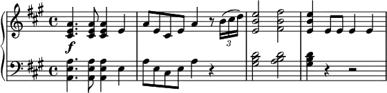 \relative g'' {
\new PianoStaff <<
\new Staff { \key fis \minor \time 4/4
\set Score.tempoHideNote = ##t
\tempo "" 2. = 64
<cis,, e a>4.\f <cis e a>8 <cis e a>4 e a8 e cis e a4 r8 \times 2/3 { b16( cis d) } <e, b' e>2 <fis b fis'> <e b' e>4 e8 e e4 e
}
\new Staff { \key fis \minor \time 4/4 \clef bass
<a,, e' a>4. <a e' a>8 <a e' a>4 e' a8 e cis e a4 r <gis b d>2 <a b d> <gis b d>4 r r2
}
>>
}