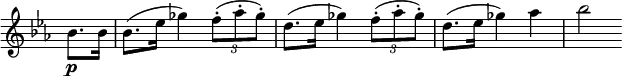 \relative c' \new Staff \with { \remove "Time_signature_engraver" } {
\key es \major \time 3/4 \partial 4
bes'8.\p bes16 bes8.( es16 ges4) \times 2/3 { f8-.( aes-. ges-.) } d8.( es16 ges4) \times 2/3 { f8-.( aes-. ges-.) } d8.( es16 ges4) aes bes2
}