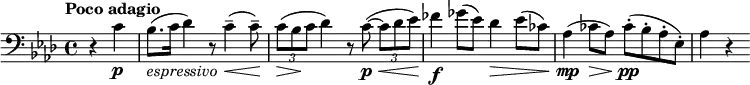\relative c' { \set Score.tempoHideNote = ##t \tempo "Poco adagio" 4=56
\key aes \major \time 4/4 \clef bass \partial 2
r4 c\p bes8._\markup \italic espressivo ( c16 des4) r8 c4-- \< ( c8--\! )
\times 2/3 { c\> ( bes\! c } des4) r8 c\p \< ( ~ \times 2/3 { c des es\! ) }
fes4\f ges8( es) des4\> es8( ces) aes4\mp ( ces8\> aes) ces-.\pp ( bes-. aes-. es-.)
aes4 r
}
