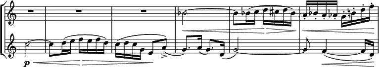 \new StaffGroup <<
\new Staff \with { \remove "Time_signature_engraver" } {
\relative c'' { \key c \major \time 2/4 \set Score.tempoHideNote = ##t \tempo "" 4=60
R2 R R bes2\< ~ bes8 bes16( c d\> cis d bes) a-.\< bes-. a-. aes-. g-. b-. d-. f-.\!
} }
\new Staff \with { \remove "Time_signature_engraver" } {
\relative c'' { \key c \major \time 2/4
c2\p \< ~ c8 d16( e f\> e f d) c( d c g e8\! a-> ) ( g8.) a16( g8.) d16( g2) ~ g8 f4\< ( ~ f16 d\! )
} }
>>