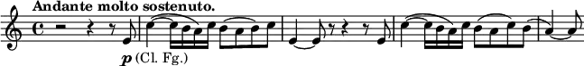 \relative c' \new Staff {
\key a \minor \time 4/4 \tempo "Andante molto sostenuto."
r2 r4 r8 e_\markup { \dynamic p (Cl. Fg.) } c'4~( c16 b a) c b8( a b) c e,4~ e8 r r4 r8 e
c'4~( c16 b a) c b8( a c) b( a4)~ a8
}