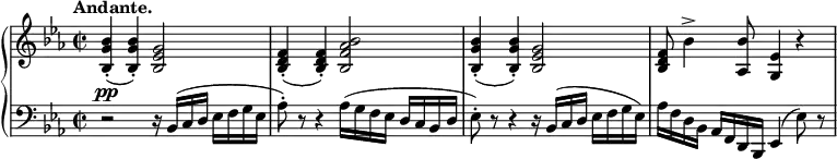 
 \relative c' {
  \new PianoStaff <<
   \new Staff { \key es \major \time 2/2 \tempo "Andante."
    \override Score.NonMusicalPaperColumn #'line-break-permission = ##f
    <bes' g bes,>4-.( <bes g bes,>-.) <g es bes>2 <f d bes>4-.( <f d bes>-.) <bes aes f bes,>2
    <bes g bes,>4-.( <bes g bes,>-.) <g es bes>2 <f d bes>8 bes4-> <bes aes,>8 <es, g,>4 r
   }
   \new Dynamics {
    s4\pp
   }
   \new Staff { \key es \major \time 2/2 \clef bass
    r2 r16 bes,( c d es[ f g es] aes8-.) r r4 aes16( g f es d[ c bes d]
    es8-.) r r4 r16 bes( c d es[ f g es]) aes f d bes aes[ f d bes] es4( es'8) r
   }
  >>
 }
