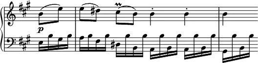 
 \relative c' {
  \new PianoStaff <<
   \new Staff \with { \remove "Time_signature_engraver" } { \key a \major \time 4/4 \partial 4
    b'8( e) e([ dis]) cis\prall( b) b4-. b-. b
   }
   \new Dynamics {
    s8\p
   }
   \new Staff \with { \remove "Time_signature_engraver" } { \key a \major \time 4/4 \clef bass
    e,,16 b' gis b | a b fis b dis, b' b, b' a, b' b, b' a, b' b, b' | gis, b' b, b'
   }
  >>
 }
