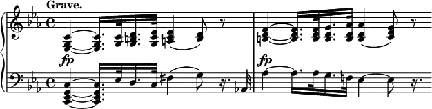 
 \relative c' {
  \new PianoStaff <<
   \new Staff { \key c \minor \time 4/4 \tempo "Grave."
    <c~ g~ es~>4 <c g es>16. <c g>32 <d b g>16. <es c g>32 <es c a>4( <d b>8) r
    <f~ d~ b~>4 <f d b>16. <f d b>32 <g d b>16. <aes d, b>32 <aes d, b>4( <g es c>8) r8*3/4
   }
   \new Dynamics {
    s1\fp s\fp
   }
   \new Staff { \key c \minor \time 4/4 \clef bass
    <c,,~ g~ es~ c~>4 <c g es c>16. es32 d16. c32 fis4( g8) r16. aes,!32
    aes'4~ aes16. aes32 g16. f!32 es4~ es8 r16.
   }
  >>
 }
