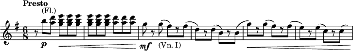 
\relative c' \new Staff {
 \key g \major \time 6/8 \tempo "Presto"
  r8 b''\p ^\markup (Fl.) <d a> <e b g>\< <e b g> <e b g> <e b g> <e b g> <e b g> <d a> <d a> <d a>
  g,\mf r g_\markup { (Vn. I) } ( fis)[ r fis]( d)[ r d]( b)[ r b](
  g'\< )[ r g]( fis)[ r fis]( e)[ r e]( c)[ r c8*1/2] ( \hideNotes d16) \!
}
