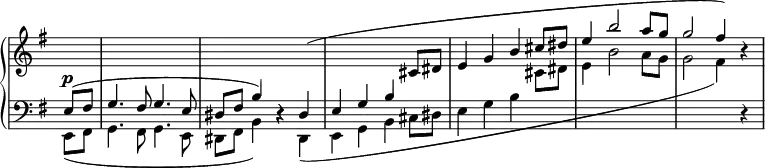 \relative c {
\new PianoStaff <<
\new Staff = "R" \with { \remove "Time_signature_engraver" } { \key e \minor \time 4/4 \set Score.tempoHideNote = ##t \tempo "" 4=168 \partial 4
\stemUp \change Staff = "L" e8^( fis g4. fis8 g4. e8 dis fis b4) r dis,^(
e g b \change Staff = "R" cis8 dis e4 g b cis8 dis e4 b'2 a8 g g2 fis4) r
}
\new Dynamics {
s8\p
}
\new Staff = "L" \with { \remove "Time_signature_engraver" } { \key e \minor \time 4/4 \clef bass \partial 4
\stemDown e,,,8_( fis g4. fis8 g4. e8 dis fis b4) r dis,_(
e g b cis8 dis e4 g b \change Staff = "R" cis8 dis e4 b'2 a8 g g2 fis4)
\change Staff = "L" r
}
>>
}