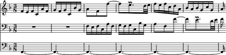  
{ 
<< << 
\new Staff { \clef treble \key f \major \tempo 8=120 \set Staff.midiInstrument = "flute" {
      \set Score.tempoHideNote = ##t
      \override Score.BarNumber  #'transparent = ##t 
      \time 3/8
      \relative c'
      { f16 e f c a' f | g f g c, bes' g | a8 f  f'~ | f  e8.\prall d32 e | f16 e f c d a | bes a bes g c g | a16 }
    }
  }
\new Staff { \clef bass \key f \major \set Staff.midiInstrument = "flute" {
      \relative c
      { R1*3/8 | R1*3/8 | f16 e f c a' f | g f g c, bes' g | a8 f  f'~ | f  e8.\prall d32 e | f16 }
     }
  }
\new Staff { \clef bass \key f \major \set Staff.midiInstrument = "flute" {
      \relative c,
      { f4.~ | f~ | f~ | f~ | f~ | f~ | f16 }
    }
  }
>> >>
}
