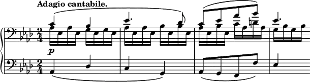 
 \relative c' {
  \new PianoStaff <<
   \new Staff { \key aes \major \time 2/4 \tempo "Adagio cantabile." \clef bass
    <<
     { c4( bes es4. des8) c8([ es aes bes]) es,4.*2/3 }
    \\
     {
      aes,16 es aes es g es g es aes es aes es bes' es, bes' es,
      aes es bes' es, c' aes d aes g bes g bes
     }
    >>
   }
   \new Dynamics {
    s4\p
   }
   \new Staff { \key aes \major \time 2/4 \clef bass
    \stemUp aes,4_\( des c g\) aes8([ g f f']) es4
   }
  >>
 }
