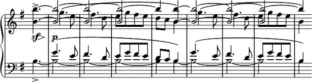 
 \relative c' {
  \new PianoStaff <<
   \new Staff \with { \remove "Time_signature_engraver" } { \key g \major \time 2/4 \partial 4.
    <<
     {
      \once \stemDown <b''~ b,~>4.-> <b~ b,~>2 <b~ b,~> <b~ b,> b4 \stemDown b,
      \stemUp <b'~ b,~>2 <b~ b,~> <b b,> \stemDown b,4
     }
    \\
     {
      s4. \once \override NoteColumn.force-hshift = 1.5 g'^\( e8
      \once \override NoteColumn.force-hshift = 1.5 fis4. d8
      e[ g fis e] d c \once \stemUp <b' b,>4\)
      \once \override NoteColumn.force-hshift = 1.5 g4.^\( e8
      \once \override NoteColumn.force-hshift = 1.5 fis4. d8
      e[ g fis e] \once \stemUp b'4\)
     }
    \\
     {
      s4. s2 s s s4 \hideNotes \override NoteColumn.force-hshift = -0.1 <b~ b,~> <b b,>
      s4 s2 b2~ b4
     }
    >>
   }
   \new Dynamics {
    s8\sf s\> s s\p
   }
   \new Staff \with { \remove "Time_signature_engraver" } { \key g \major \time 2/4 \clef bass
    <<
     { s4. g,( e8 fis4. d8 e[ g fis e] d c b4) g'4.( e8 fis4. d8 e[ g fis e] b4) }
    \\
     { b4.->~ b2~ b~ b~ b4 b~ b2~ b~ b b4 }
    >>
   }
  >>
 }

