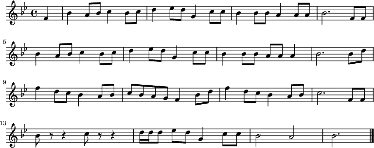 {
\set Staff.midiInstrument = #"violin" \key bes \major \partial 4 \relative f' {
 f \bar "|" bes a8 bes c4 bes8 c | d4 es8 d8 g,4 c8 c | bes4 bes8 bes a4 a8 a | bes2. f8 f \break
 bes4 a8 bes c4 bes8 c | d4 es8 d8 g,4 c8 c | bes4 bes8 bes a a a4 | bes2. bes8 d \break
 f4 d8 c8 bes4 a8 bes | c bes a g f4 bes8 d | f4 d8 c8 bes4 a8 bes c2. f,8 f \break
 bes r r4 c8 r r4 | d16 d d8 es8 d8 g,4 c8 c | bes2 a | bes2. \bar "|."
}}