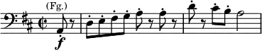 \relative c { \clef bass \key d \major \time 2/2 \partial 4*1 a8\f-.^\markup{\smaller \center-align (Fg.)} r | d-. e-. fis-. g-. a-. r a-. r | d-. r cis-. b-. a2 }