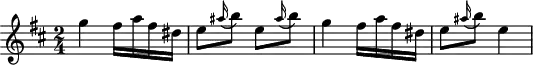 
\header {
  tagline = ##f
}

\score {
  \new Staff \with {

  }
<<
  \relative c''' {
    \key d \major
    \time 2/4
    \tempo 4 = 140
    \tempo "Allegro assai"
    \override TupletBracket #'bracket-visibility = ##f 
    \autoBeamOff

     %%%%%%%%%%%%%%%%%%%%%%%%%% Hob:XVIII,11 Rondo
     g4 fis16[ a fis dis] e8[ \grace ais16( b8)] e,8[ \grace ais16( b8)] g4 fis16[ a fis dis] e8[ \grace ais16( b8)] e,4

  }
>>
  \layout {
    \context { \Staff \RemoveEmptyStaves }
     \context { \Score \remove "Metronome_mark_engraver" }
   
  }
  \midi {}
}
