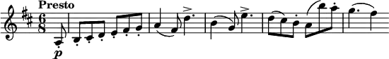 \version "2.18.2"
\relative c'' {
\key d \major
\time 6/8
\tempo "Presto "
\tempo 4 = 220
\partial 8 a,8-. \p
b-. cis-. d-. e-. fis-. g-.
a4 (fis8) d'4.->
b4 (g8) e'4.->
d8 (cis) b-. a (b') a-.
g4. (fis4)
}