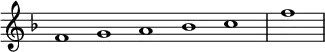 \relative c' {
\new Staff \with { \remove "Time_signature_engraver" }
{ \key f \major \time 1/1 \cadenzaOn f1 g a bes c \bar "|" f \bar"|"}
}