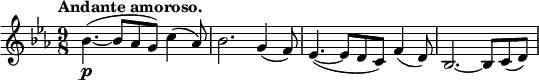 
\relative c'' {
 \key es \major \time 9/8 \set Score.tempoHideNote = ##t \tempo "Andante amoroso." 8=120
 bes4.\p ( ~ bes8 aes g) c4( aes8) bes2. g4( f8) es4.( ~ es8 d c) f4( d8) bes2.~ bes8 c( d)
}
