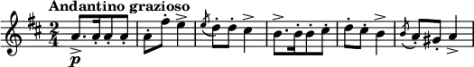 \relative c'' {
\key d \major
\time 2/4
\tempo "Andantino grazioso"
a8.->[\p a16-. a8-. a-.] | a-. fis'-. e4-> | \acciaccatura e8 d8-. d-. cis4-> |
b8.->[ b16-. b8-. cis-.] | d-. cis-. b4-> | \acciaccatura b8 a8-. gis-. a4-> |
}