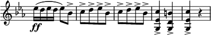 
\relative c'' \new Staff \with { \remove "Time_signature_engraver" } {
 \key es \major \time 2/4 \set Score.tempoHideNote = ##t \tempo "" 4=126
 es16\ff ( d es d es8) bes-> c-> [ d-> es-> bes-> ] c-> [ d-> es-> bes-> ]
 <c es, g,>4-> <b d, g,>-> <c es, g,>-> r
}

