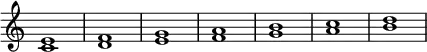 {
\new Staff \with { \remove "Time_signature_engraver" }
<c' e'>1
<d' f'>1
<e' g'>1
<f' a'>1
<g' b'>1
<a' c''>1
<b' d''>1
}