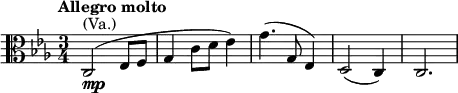  \relative g, { \clef alto \key c \minor \time 3/4 \tempo "Allegro molto" c2^\markup { (Va.)}_\markup { \dynamic mp }( es8 f | g4 c8 d8 es4) | g4.( g,8 es4) | d2( c4) | c2. }