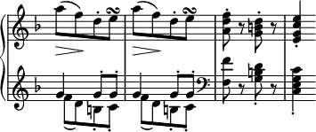 
 \relative c' {
  \new PianoStaff <<
   \new Staff \with { \remove "Time_signature_engraver" } { \key f \major \time 2/4
    a''8[( f) d-. e\turn] a[( f) d-. e\turn] <f d a>-. r <d b g>-. r <e c g e>4-.
   }
   \new Dynamics {
    s8\> s\! s s s\> s\! 
   }
   \new Staff \with { \remove "Time_signature_engraver" } { \key f \major \time 2/4
    <<
     { g,4 g8-. g-. g4 g8-. g-. }
    \\
     { f8[( d) b-. c-.] f[( d) b-. c-.] \clef bass <f f,> d,\rest <d' b g>-. d,\rest <c' g e c>4-. }
    >>
   }
  >>
 }
