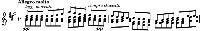 
\relative c'' { \key a \major \time 4/4 \set Score.tempoHideNote = ##t \tempo "Allegro molto" 4=135
 <<
  {
   e8-.^\markup { \italic { legg. staccato } } e-. e-. e-. e-. e-. fis-. gis-.
   b-. a-. gis-. fis-. fis-.^\markup { \italic { sempre staccato } } e-. e-. e-.
   e d d cis cis b b a gis a b cis cis b e e
  }
 \\
  {
   <cis a>8\pp q q q <b gis> q q q <d a fis> q <d b gis> q <cis a> q <b gis>\pp q
   <a fis> q <gis b> q <fis d> q <fis cis> q e <fis e> <gis e> <a e> q <gis e> <d' gis,> q
  }
 >>
}
