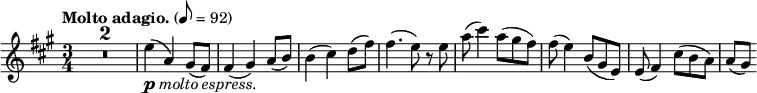 
\relative c'' { \tempo "Molto adagio." 8=92 \key a \major \time 3/4
 \compressEmptyMeasures R2.*2 e4( _\markup { \dynamic p \italic { molto espress. } } a,) gis8( fis)
 fis4( gis) a8( b) b4( cis) d8( fis) fis4.( e8) r e
 a( cis4) a8( gis fis) fis( e4) b8( gis e) e( fis4) cis'8( b a) a[( gis)]
}
