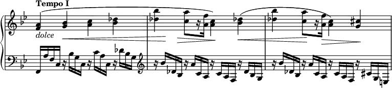 
 \relative c' {
  \new PianoStaff <<
   \new Staff \with { \remove "Time_signature_engraver" } {
    \key bes \major \time 4/4 \tempo "Tempo I"
     <a' f>4_\markup { \italic dolce }( <bes g>\< <c a> <des bes> 
     << <bes' des,> { s16 s16\! s16 s16\> } >> <a c,>8[ r16 <f a,>] <a, c>4\!) <des! bes>\<(
     <bes' des,> <a c,>8\![ r16 <f a,>\>] <a, c>4) <cis g>\! 
   }
   \new Staff \with { \remove "Time_signature_engraver" } {
    \key bes \major \time 4/4 \clef bass
     f,,,16 a' f c r bes' g c, r c' a c, r des' bes g \clef treble
     r bes' des, bes r a' c, a r c a f r des' bes g r bes' des, bes r a' c, a r c a f r cis' g e
   }
  >>
 }
