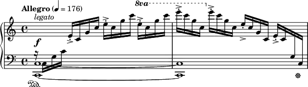 
\new PianoStaff <<
\new Staff = "Up" <<
\new Voice \relative c' {
s^\markup{\italic legato} \f
}
\new Voice \relative c' {
\clef treble
\tempo "Allegro" 4=176
\key c \major
\time 4/4
\change Staff = "Down"
b16 \rest \sustainOn c, g' c
\change Staff = "Up"
e->-. c g' c e->-. c g' c
\ottava #1
\set Staff.ottavation = #"8va"
e->-. c g' c e->-. c g c,
\ottava #0
e->-. c g c, e->-. c g c, e->-. c
\change Staff = "Down"
g c, \sustainOff
}>>
\new Staff = "Down" \relative c{
\clef bass
\time 4/4
\key c \major
\tieDown
<c c,>1~<c c,>
}
>>
