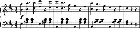 \relative b' {
\new PianoStaff <<
\new Staff { \key b \minor \time 3/4
<b b'> <cis cis'>4. <d d'>8 <fis fis'>4 r <e e'> <e e'> <d d'>4. a'8 g4 r fis <cis cis'>4 <b b'>4. g'8 e4 r fis d r r
}
\new Dynamics {
s\f
}
\new Staff { \key b \minor \time 3/4 \clef bass
e,,4 <gis b d> <gis b d> e <gis b d> <gis b d> a, <fis' a d> <fis a d> a, <fis' a d> <fis a d> a, <g' a cis> <g a cis> a, <g' a cis> <g a cis> <d fis a> r r
}
>>
}