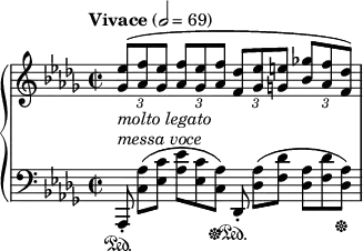 
\new PianoStaff <<
\new Staff = "Up" <<
\new Voice \relative c' {
\clef treble
\key des \major
\tempo "Vivace" 2=69
\time 2/2
\tupletSpan 4
\stemUp
\override TupletNumber.Y-offset = #-3
\override TupletNumber.X-offset = #3
\tuplet 3/2 {<ges' ees'>8_\markup{\italic molto \italic legato}^([<aes f'> <ges ees'>] <aes f'> <ges ees'> <aes f'> <f des'> [<ges ees'> <g e'>] <bes ges'!> <aes f'> <f des'>)}
}
>>
\new Staff = "Down" <<
\new Voice \relative c{
\clef bass
\key des \major
\omit TupletNumber
\omit TupletBracket
\tuplet 3/2 {aes,8-.^\markup{\italic messa \italic voce} \sustainOn <c' aes'> ([<ees c'>] <aes ees'> <ees c'> <c aes'> \sustainOff) des,-. \sustainOn <des' aes'> ([<f des'>] <des aes'> <f des'> <des aes'> \sustainOff)}
}
>>
>>
