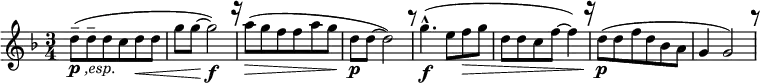 
\relative c'' {  
   \new Staff  
   { \key d \minor \time 3/4
    [ d8---\markup { \dynamic p \italic { ,esp.} }( d-- d c d\<  d ] | g g~g2\f) \mark \markup { \musicglyph "rests.4" }                 
    [ a8(\> g f f a g ]| d8\p d~d2) \mark \markup { \musicglyph "rests.3" }  |      
    g4.\f-^( e8 [ f\> g] | [ d d c f~] f4)  \mark \markup { \musicglyph "rests.4" }  |
    [ d8\p( d f d bes a ] | g4 g2) \mark \markup { \musicglyph "rests.3" } |
 } }
