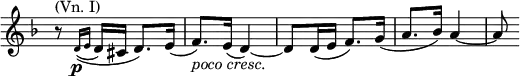 
\relative c' \new Staff \with { \remove "Time_signature_engraver" } {
 \key d \minor \time 2/4
  r8^\markup { (Vn. I) } \acciaccatura { d16\p ([ e] } d16 cis d8.) e16(
  f8._\markup \italic { poco cresc. }) e16( d4) ~ d8 d16( e f8.) g16( a8. bes16) a4~ a8
}
