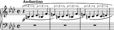 
\new PianoStaff <<
\new Staff = "Up" <<
\new Voice \relative c' {
\clef treble
\key f \minor
\omit Score.MetronomeMark
\tempo 4=100
\time 2/2
\tupletSpan 2
\tuplet 3/2 {r^\markup{\bold Andantino} \p (_\(b c des bes f' e\) b _\(c des bes f' e\) b _\(c des c d} \hide r16 \))
}
>>
\new Staff = "Down" <<
\new Voice \relative c{
\clef bass
\key f \minor
R1 R R s16
}
>>
>>
