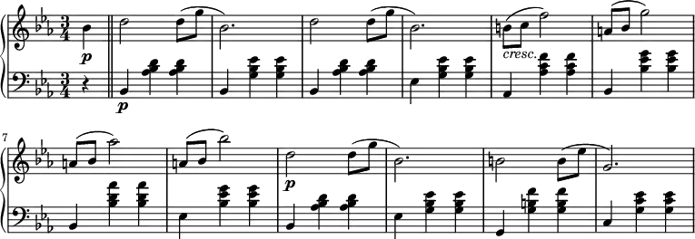 
 \relative b' {
  \new PianoStaff <<
   \new Staff { \key c \minor \time 3/4
    \set Score.tempoHideNote = ##t
     \tempo "" 2. = 56
    \partial 4 bes\p \bar "||" d2 d8( g bes,2.) d2 d8( g bes,2.) b8_\markup { \italic cresc. }( c f2) a,8( bes g'2) a,8( bes aes'2) a,8( bes bes'2) d,2\p d8( g bes,2.) b2 b8( ees g,2.)
    }
   \new Staff { \key c \minor \time 3/4 \clef bass
    r4 bes,,4\p <aes' bes d> <aes bes d> bes, <g' bes ees> <g bes ees> bes,4 <aes' bes d> <aes bes d> ees <g bes ees> <g bes ees> aes, <aes' c f> <aes c f> bes, <bes' ees g> <bes ees g> bes, <bes' d aes'> <bes d aes'> ees, <bes' ees g> <bes ees g> bes,4 <aes' bes d> <aes bes d> ees <g bes ees> <g bes ees> g, <g' b f'> <g b f'> c, <g' c ees> <g c ees> }
  >>
 }
