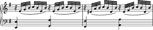 
 \relative c' {
  \new PianoStaff <<
   \new Staff \with { \remove "Time_signature_engraver" } { \key e \minor \time 2/4
    r32 e([ g b] c b e, b') r e,([ g b] c b e, b')
    r dis,([ a' b] c b dis, b') r dis,([ fis b] c b dis, b')
   }
   \new Staff \with { \remove "Time_signature_engraver" } { \key e \minor \time 2/4 \clef bass
    <e,, e,>4 <g g,> <fis fis,> <a a,>
   }
  >>
 }
