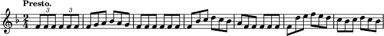 
\relative c' { \set Score.tempoHideNote = ##t \tempo "Presto." 4=180 \key f \major \time 2/4
 \times 2/3 { f8 f f } \times 2/3 { f f f } f8*2/3 g a bes a g
 f f f f f f f bes c d c bes a f f f f f f d' e f e d c bes c d c bes
}
