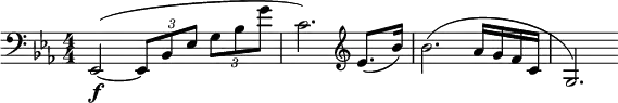 \relative c { \set Staff.midiInstrument = #"french horn" \clef bass \numericTimeSignature \time 4/4 \key ees \major ees,2\f(~ \times 2/3 { ees8 bes' ees } \times 2/3 { g bes g' } | c,2.) \clef treble ees8.( bes'16) | bes2.( aes16 g f c | g2.) }
